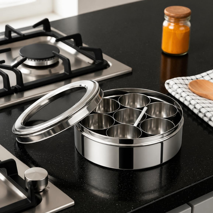 Stainless Steel Masala Box Spice Storage Container Silver 7 Bowl Leak Proof