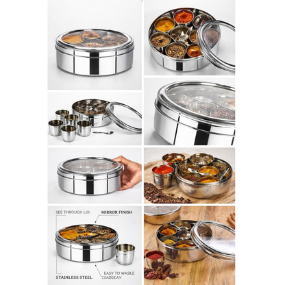 Stainless Steel Masala Box Spice Storage Container Silver 7 Bowl Leak Proof