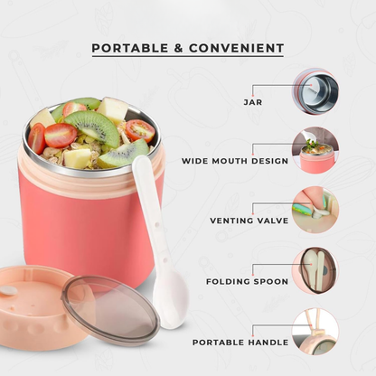 Vinzesta Stainless Steel Soup Cup Food Jar with Spoon Leakproof Pink