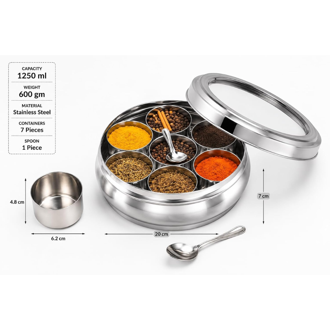 Stainless Steel Masala Box Spice Storage Container Silver 7 Bowl Leak Proof