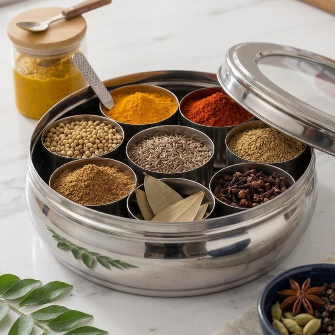 Stainless Steel Masala Box Spice Storage Container Silver 7 Bowl Leak Proof