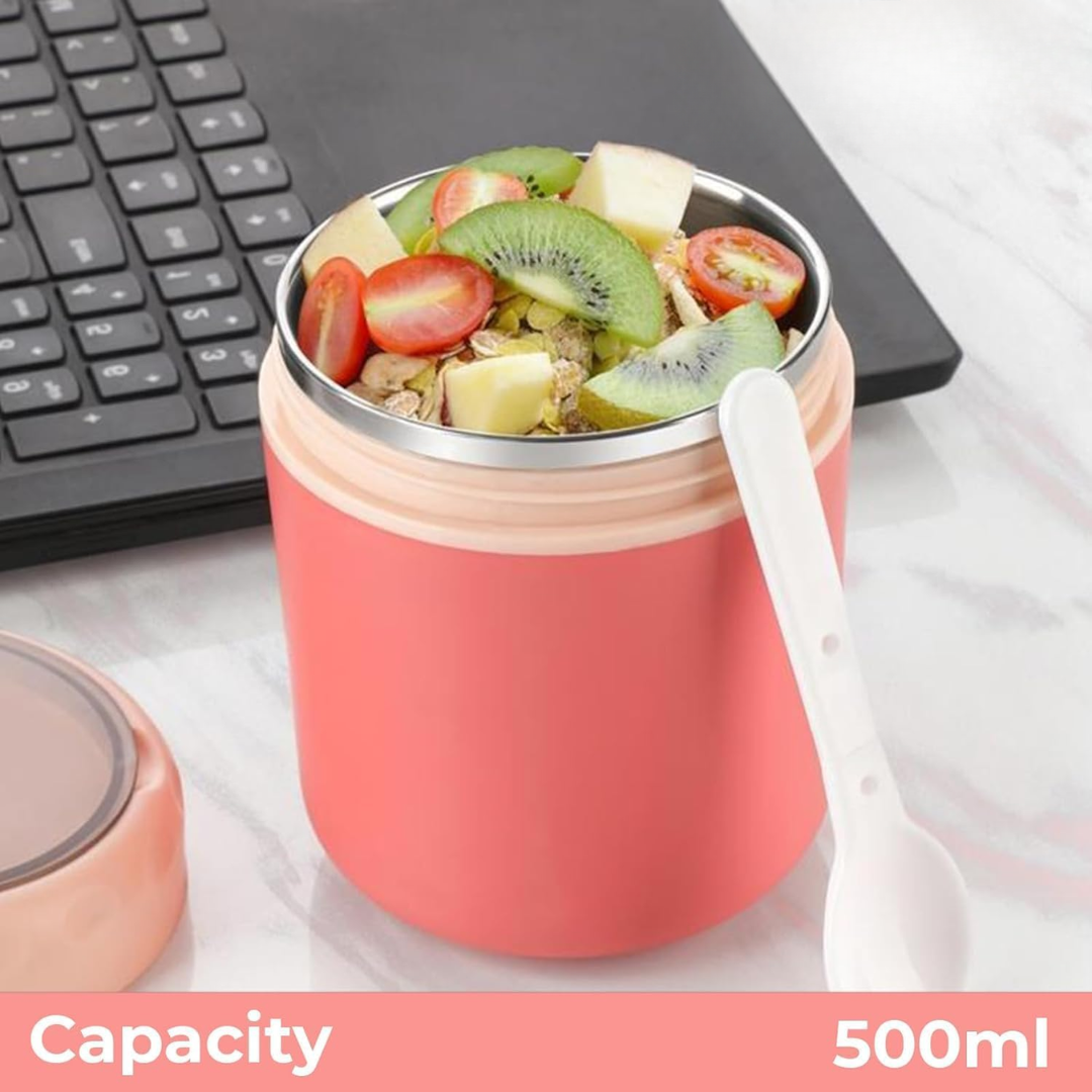 Vinzesta Stainless Steel Soup Cup Food Jar with Spoon Leakproof Pink