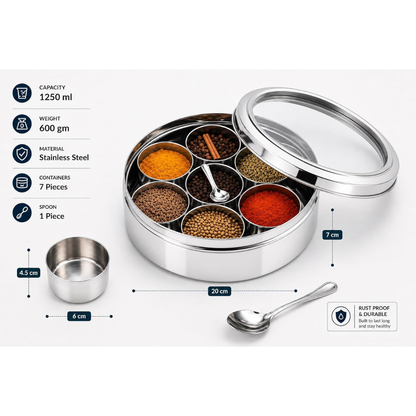 Stainless Steel Masala Box Spice Storage Container Silver 7 Bowl Leak Proof